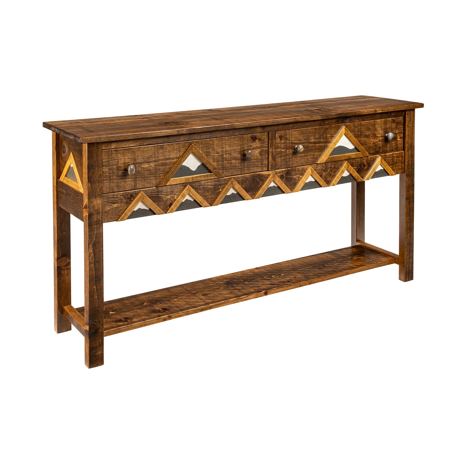 Rustic bedroom dresser with carved wood details