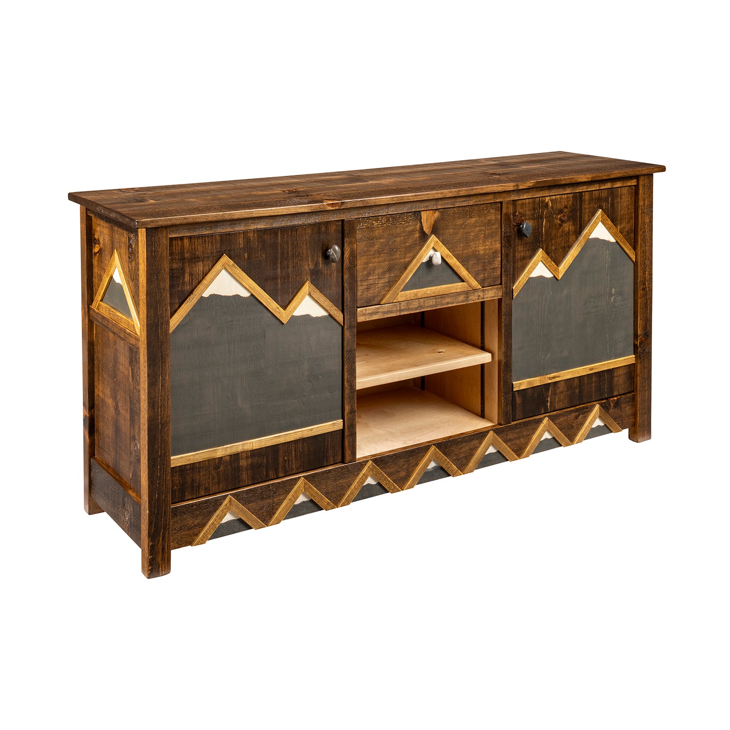 Cedar rustic TV stand with open shelving and storage