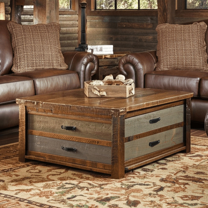 Sawmill Barnwood 42" Square Coffee Table with Drawers