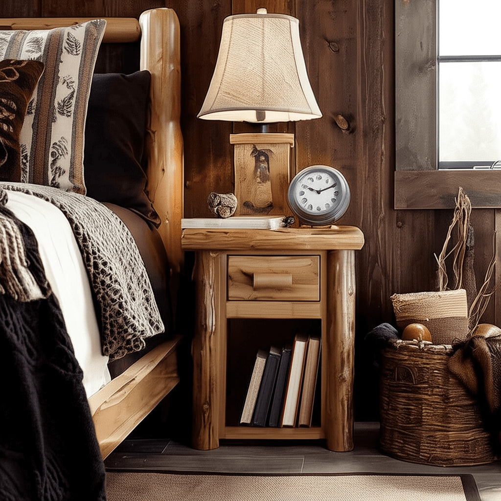Hand Peeled Cedar 1 Drawer Rustic Log Nightstand