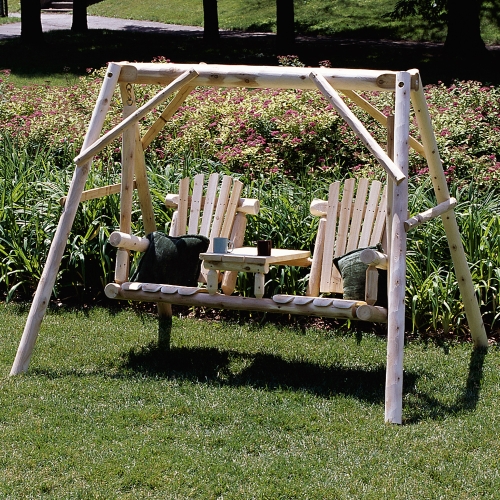 Ready to relax for two in our cedar log tete-a-tete yard swing.